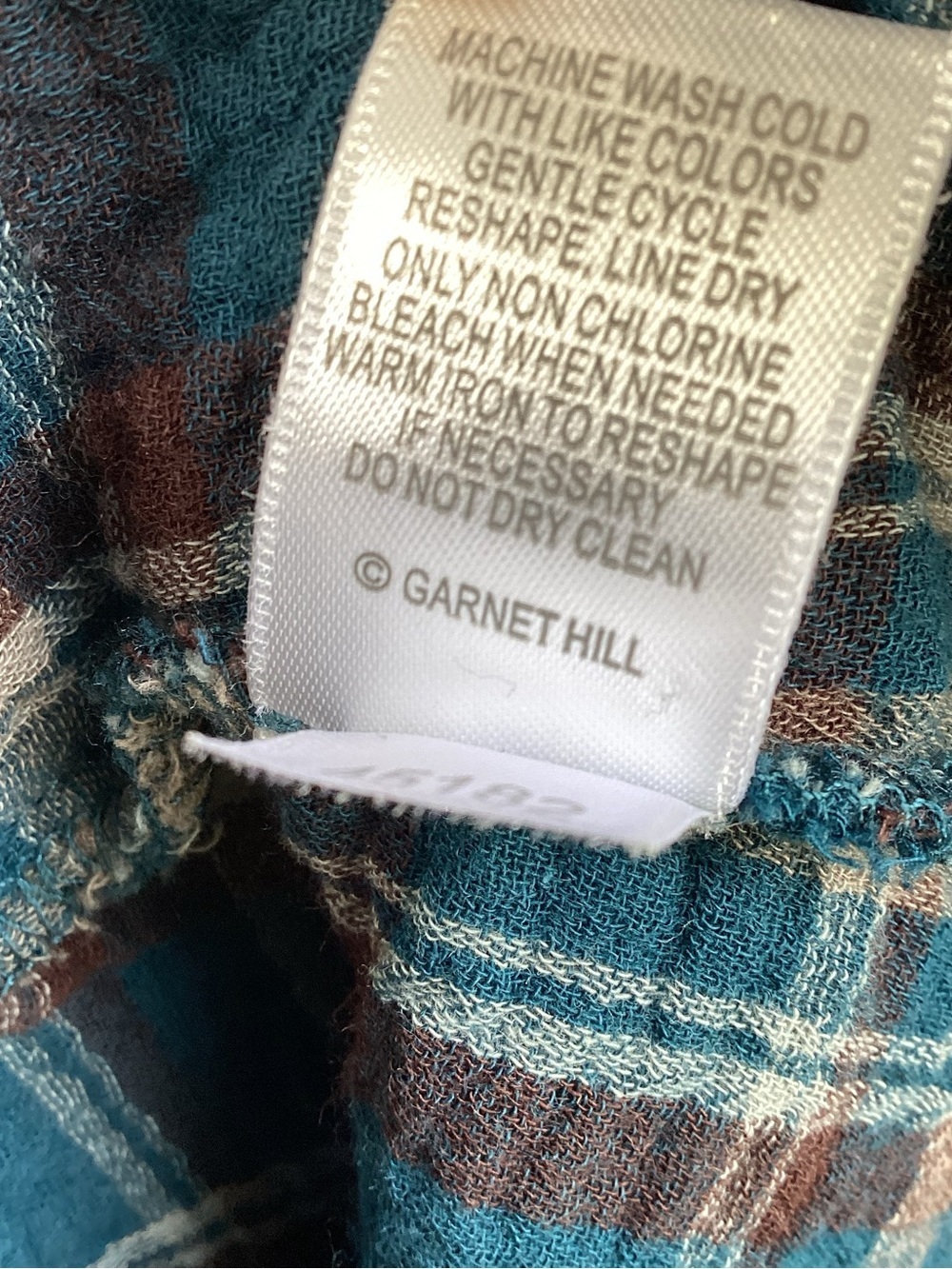 Garnet Hill Crinkle Gauze Popover Pintuck Plaid Button-Neck Tunic in Teal & Navy - Picture 10 of 11